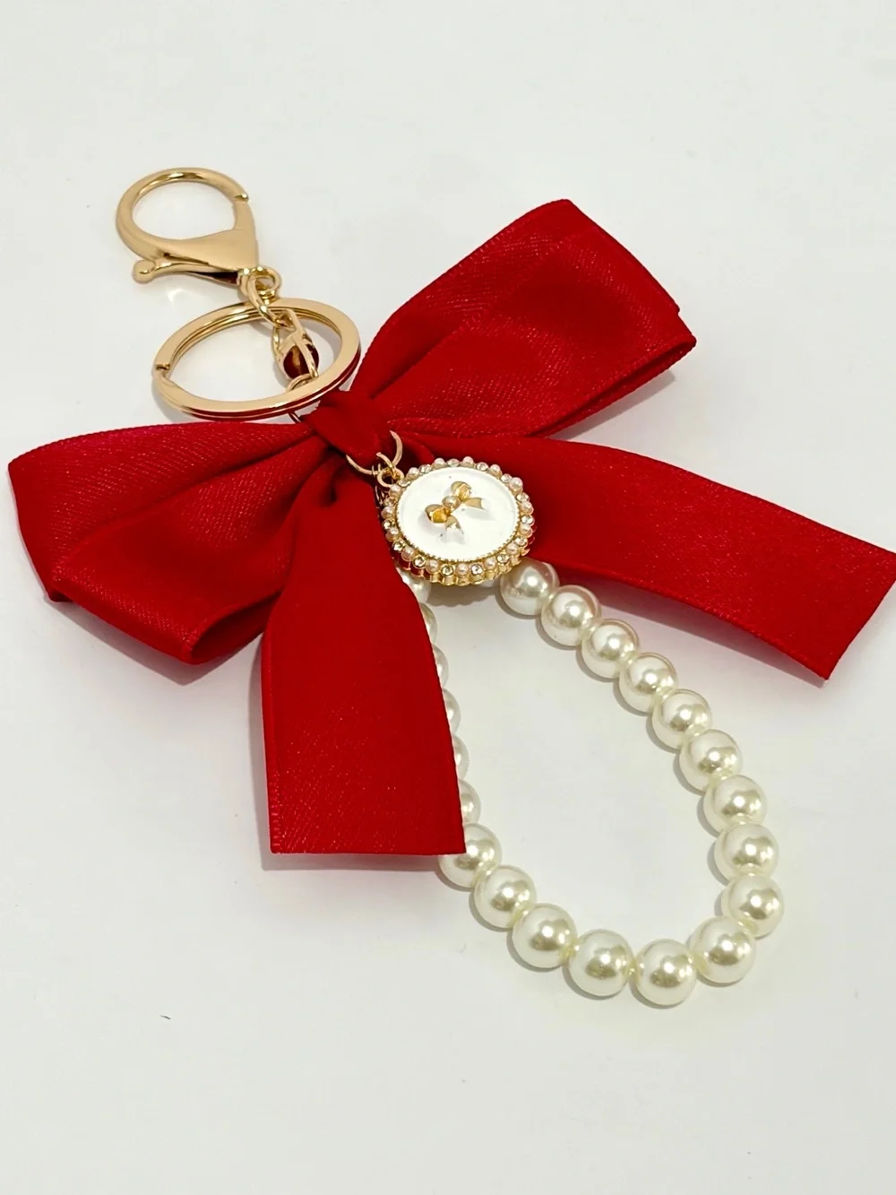 Red Bow & Pearl Charm Keyring/Bag Charm with Gold Medallion